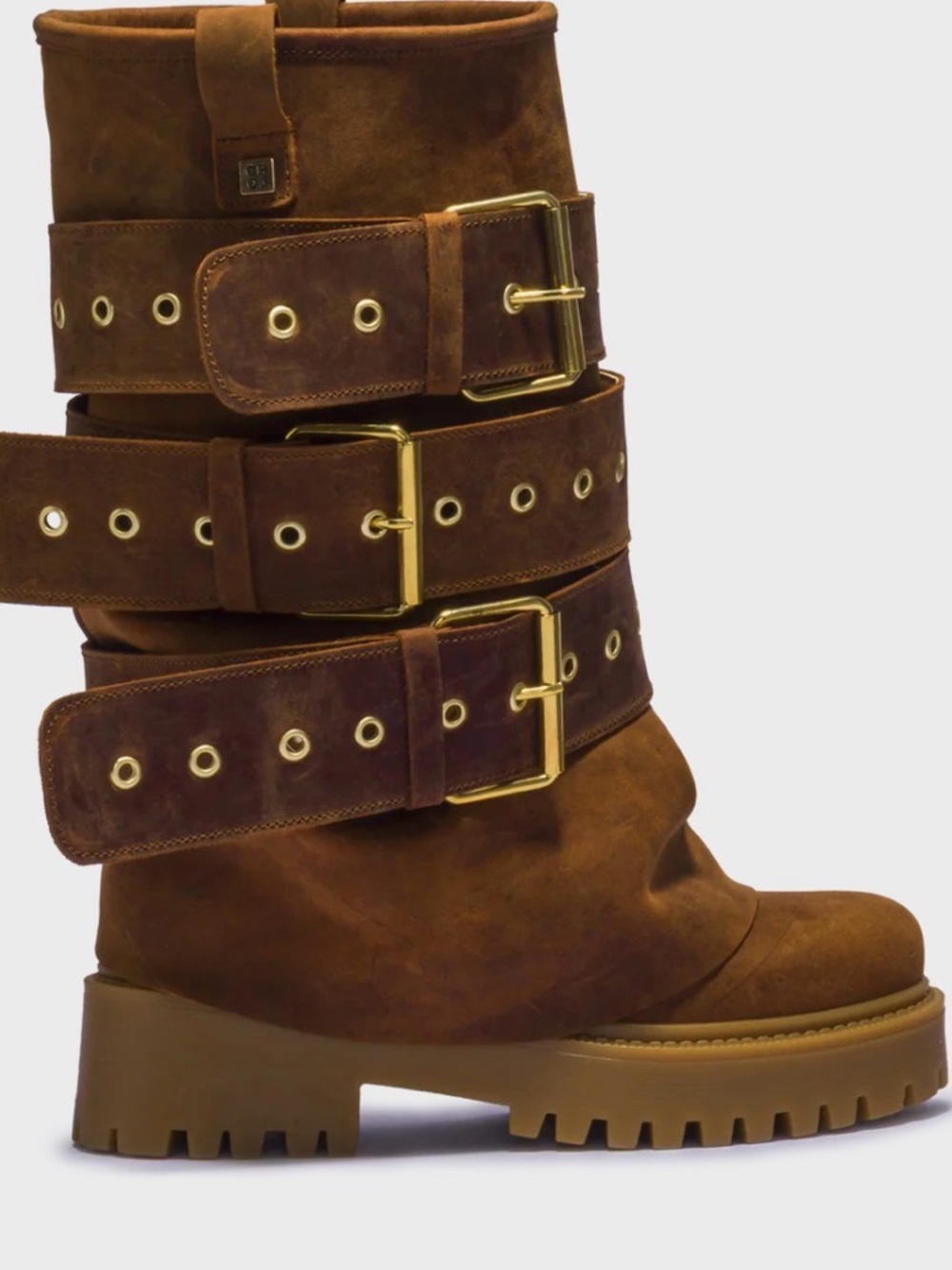 Women's Brown Suede Triple-Buckle Combat Boot
